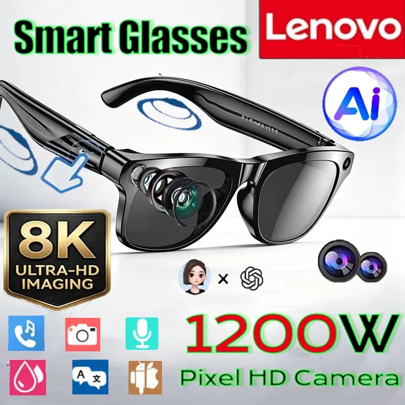 Occhiali Smart AI Lenovo 8K con Fotocamera da 1200MP, Chat GPT, Touch, Chiamate Bluetooth, Lettore Musicale, Registrazione Video e Traduzione
