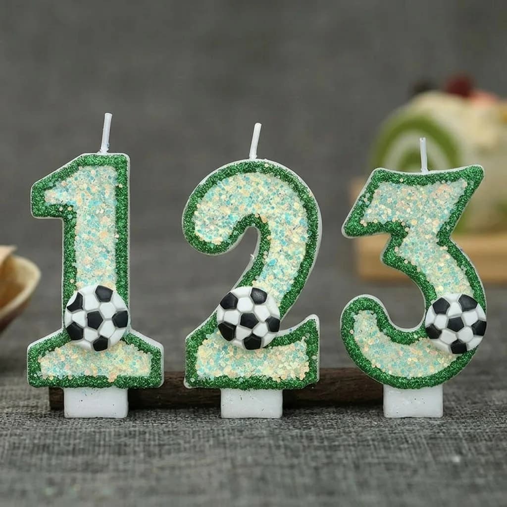 3D Soccer Number Candles 0-9 Green Glitter Football Cake Topper for Kids Boys Birthday Sports Theme Party Decoration