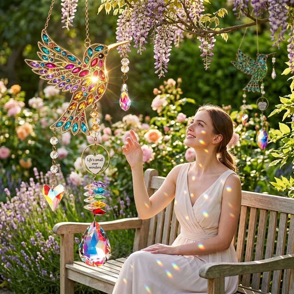 Crystal Hummingbird Wind Chimes Memorial Gift Heart Pendant Suncatcher Rainbow Maker Window Hanging Suncatcher Garden Decoration