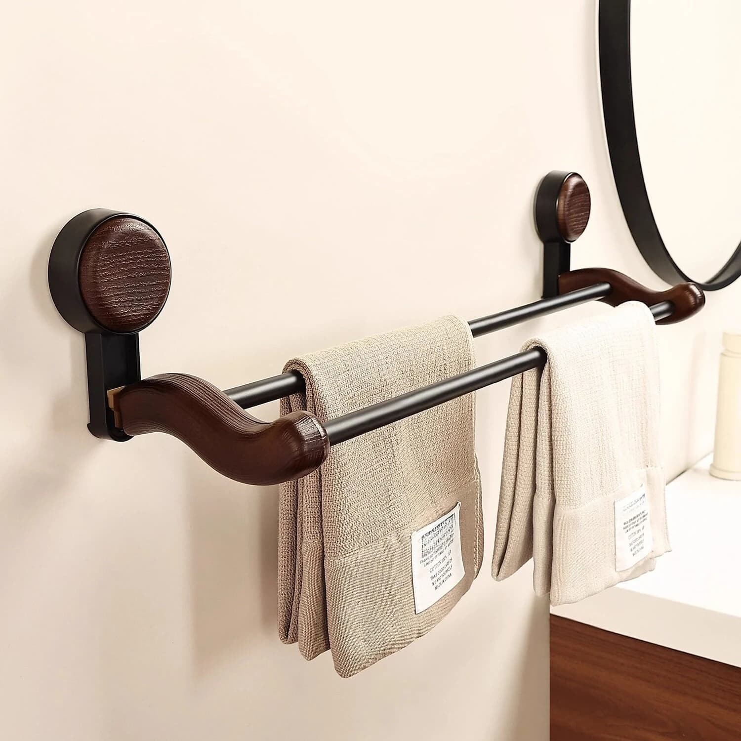 Sturdy Premium Versatile Vintage Suction Cup Wall-Mounted Towel Rack with Bar, No-Drill Bathroom Storage Organizer, Space-Saving