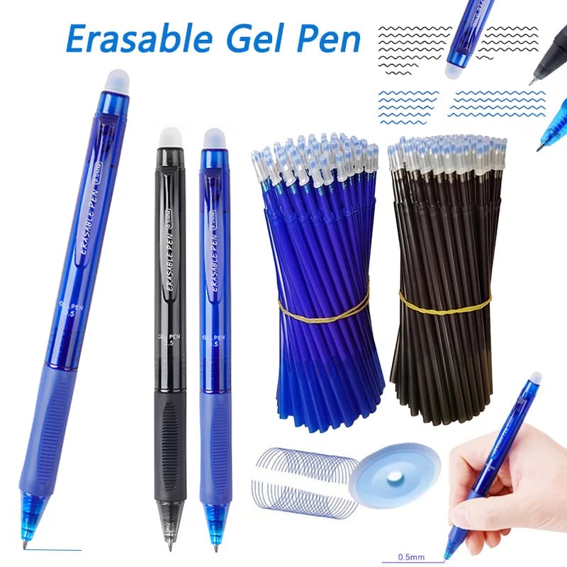 Penne gel cancellabili a pressione creative di grande capacità Set 0,5 mm Nero/Blu Manico lavabile Ricariche magiche cancellabili per la scrittura in ufficio