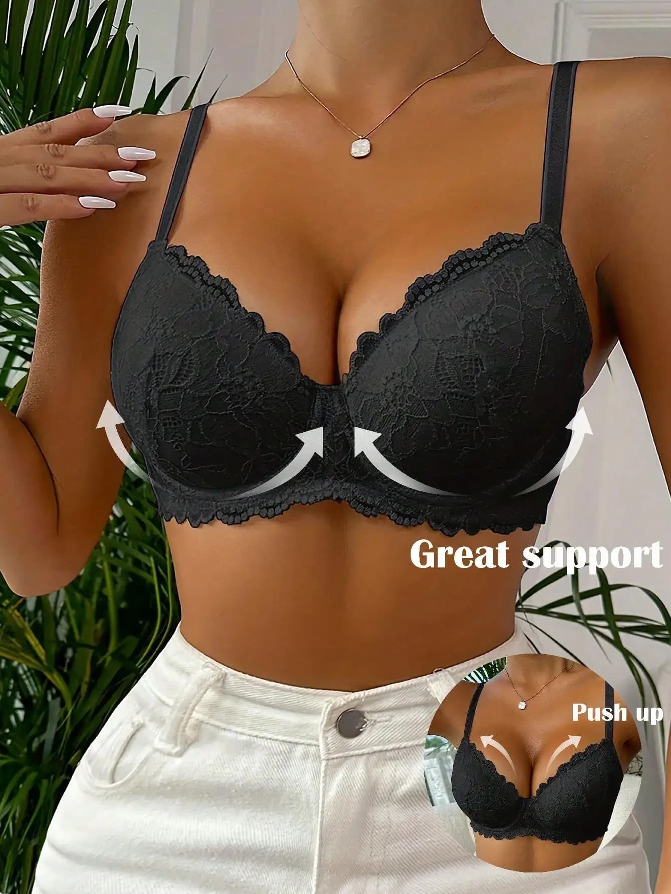 Lingerie sexy da donna con mezza coppa in pizzo, fibbia push-up anteriore, push-up, senza spalline, reggiseno invisibile per l'uso quotidiano