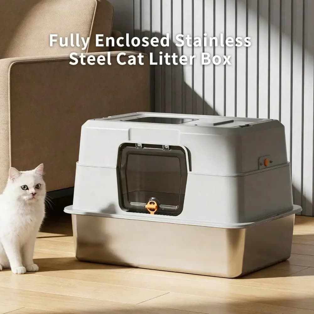 Lettiera per Gatti Completamente Chiusa in Acciaio Inossidabile, Blocco Odori, Doppio Ingresso/Uscita, Ampio Spazio per Gatti Grandi, Facile da Pulire