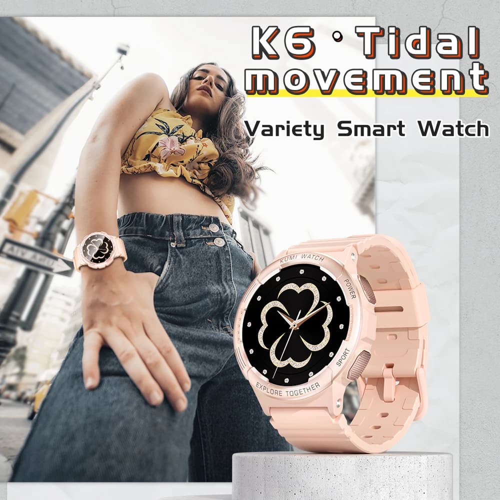 KUMI K6 Smart Watch 1.3" HD Touch, BT Call, 100 Sports, IP68, HR/SpO2/BP/Temp Monitor, Sleep Track, Long Battery for Men Women