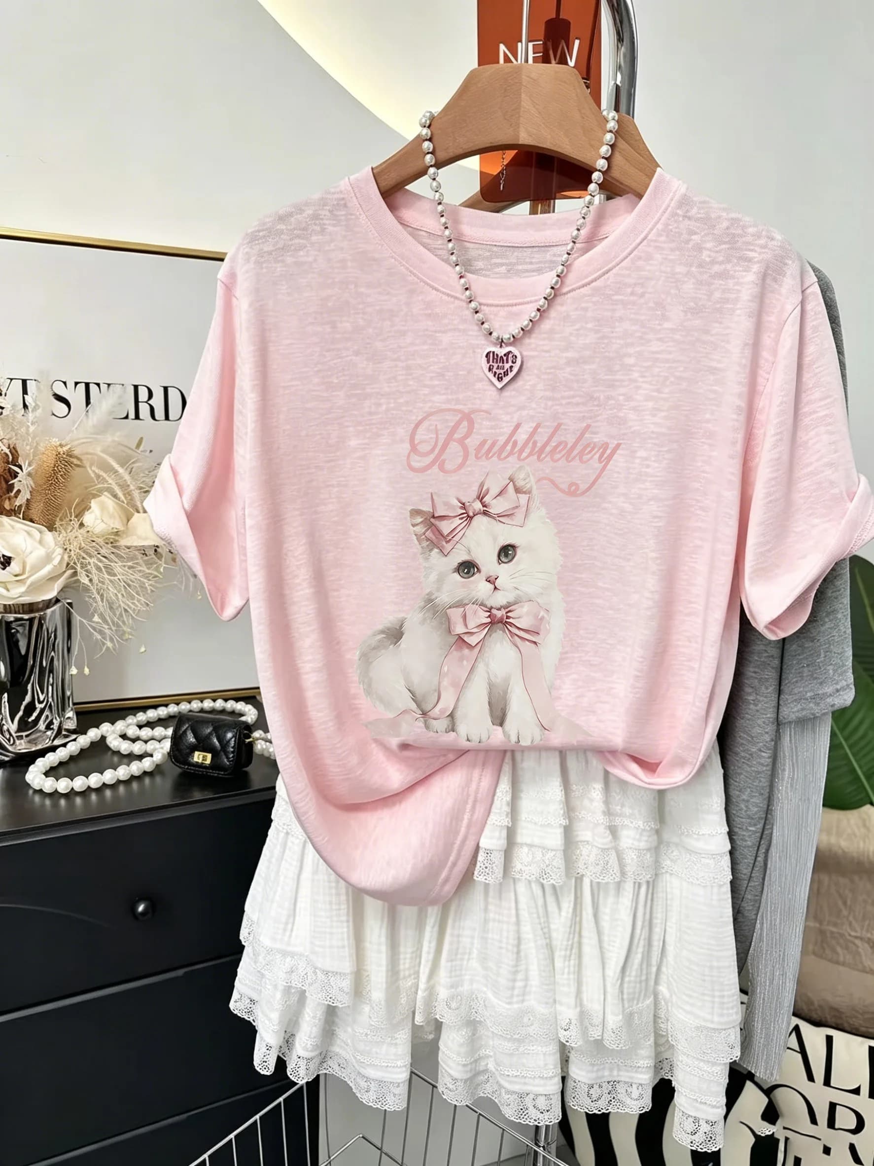 Sweet Girl Summer Thin Lenzing Snowflake Cotton Anti-Aging Print Short Sleeve T-Shirt Women Loose Top Trendy Casual Style