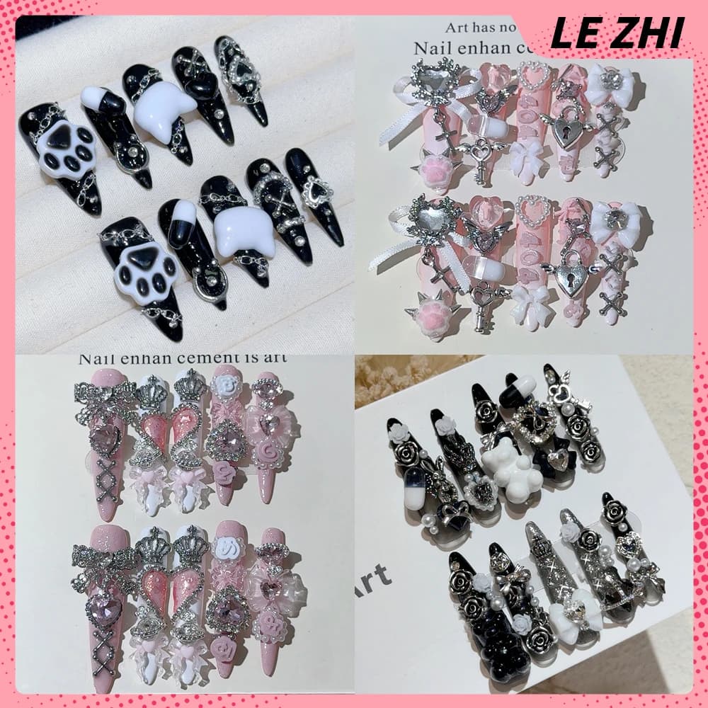 Punk Style Faux Nails with Metal Chain Design and Strass, Y2K Style Spicy Girl, Fully Covered, Press-On