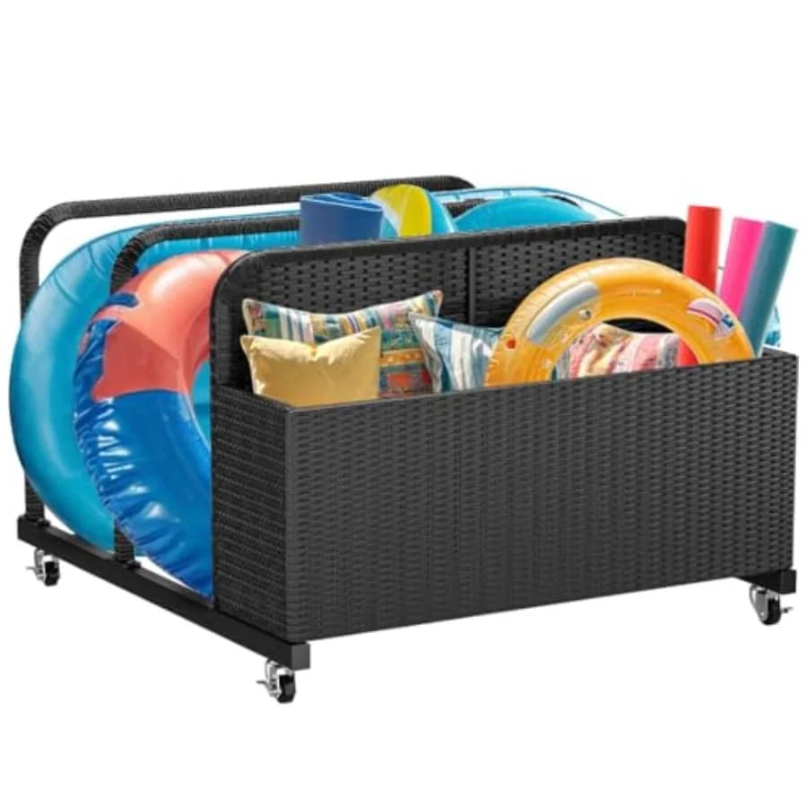Portaoggetti Galleggiante per Piscina in Rattan PE per Cuscini, Materassini, Giubbotti di Salvataggio, Palloni da Spiaggia, Mobili da Giardino, Nero