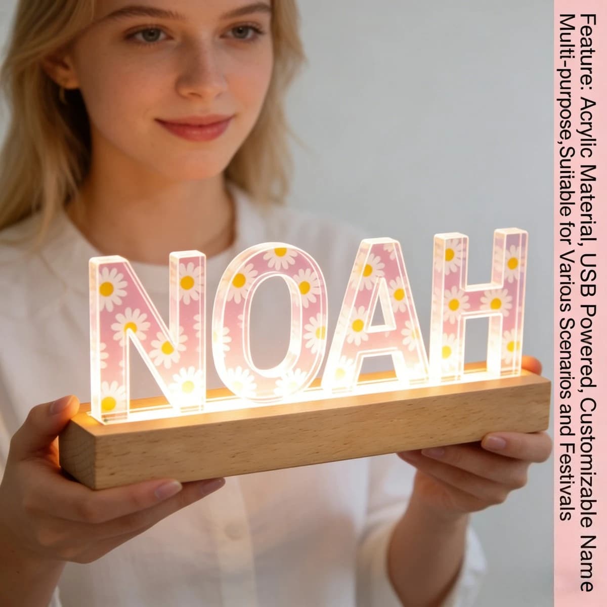 Personalized Acrylic LED Night Light, Gift for Valentine's, Anniversary, USB Powered Lamp with Wood Base, Wedding,Home Decorati