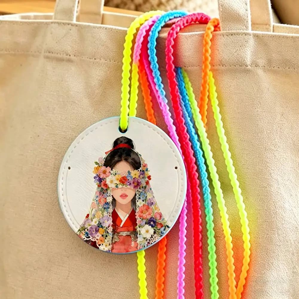 Etichetta per Bagaglio in Pelle 'The Girl With Flowers' con Velo, Porta Nome e Indirizzo per Valigie e Accessori da Viaggio