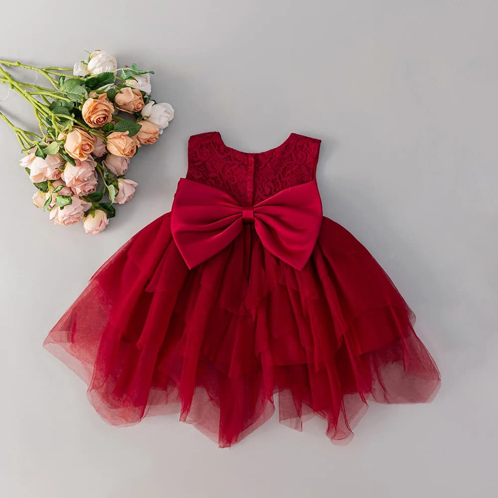 HETISO Abiti da bambino in pizzo rosso Abito da battesimo per bambini Principessa Bowknot Vestiti per bambina Cose per neonati 0-2 anni
