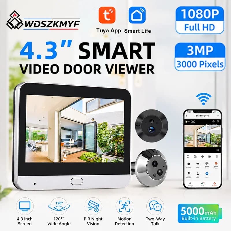 3MP Tuya Smart WiFi Door Viewer Peephole Camera 4.3 inch Screen 5000mAh PIR Human Detection Video Door Phone IR Night Vision