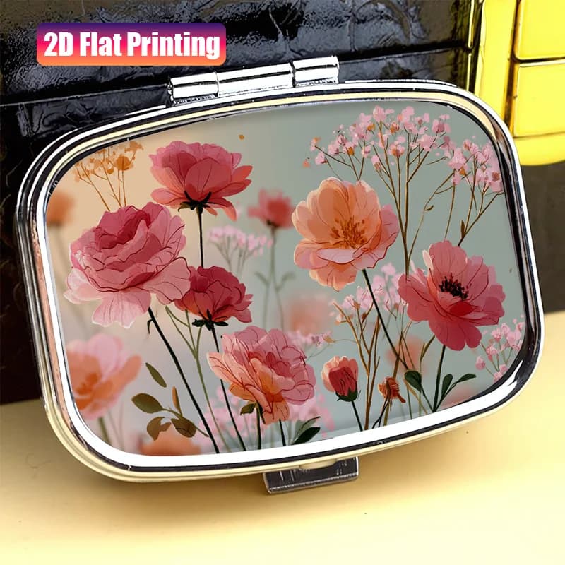 1 red-orange floral 3-compartment portable box, flat single-sided printing. Vitamin storage box, suitable for use in a purse or wallet, multifunctional small jewelry storage box, essential travel accessory and top choice