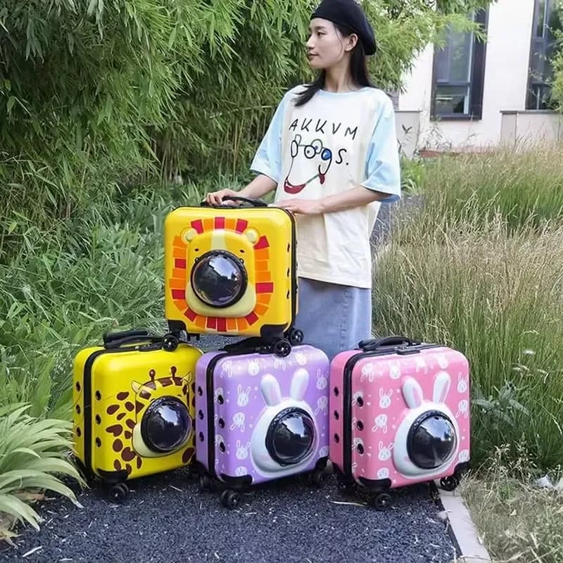 for Cartoon PVC Travel Luggage Stroller Bag Fashion Pet Trolley Carrier Rolling Backpack for Small Dogs Cats Portable Outdoor