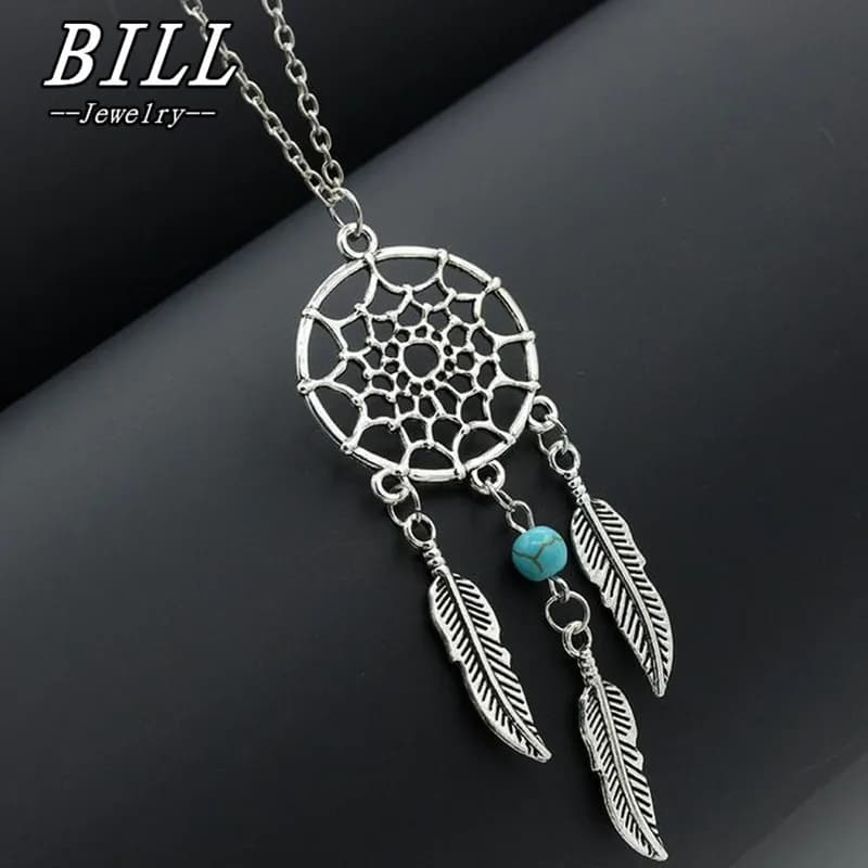 New Dream Catcher Pendant Necklace Feather Blue Beads Women Chain Necklaces Bijoux Collares Fashion Jewelry Wholesale Party Gift