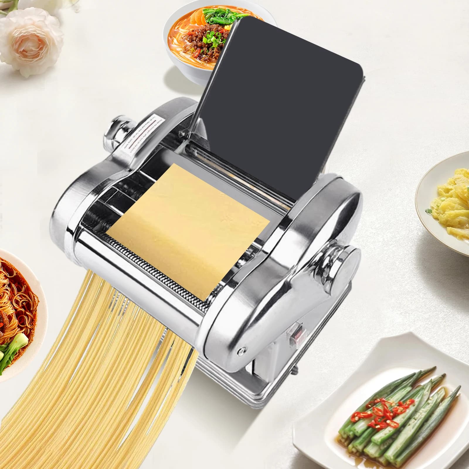 Macchina Elettrica per Pasta, 135W, Rullo per Impasto Commerciale, 6 Impostazioni di Spessore per Pasta Piatta da 2mm, 4mm e Spessore da 0.5-3.5mm