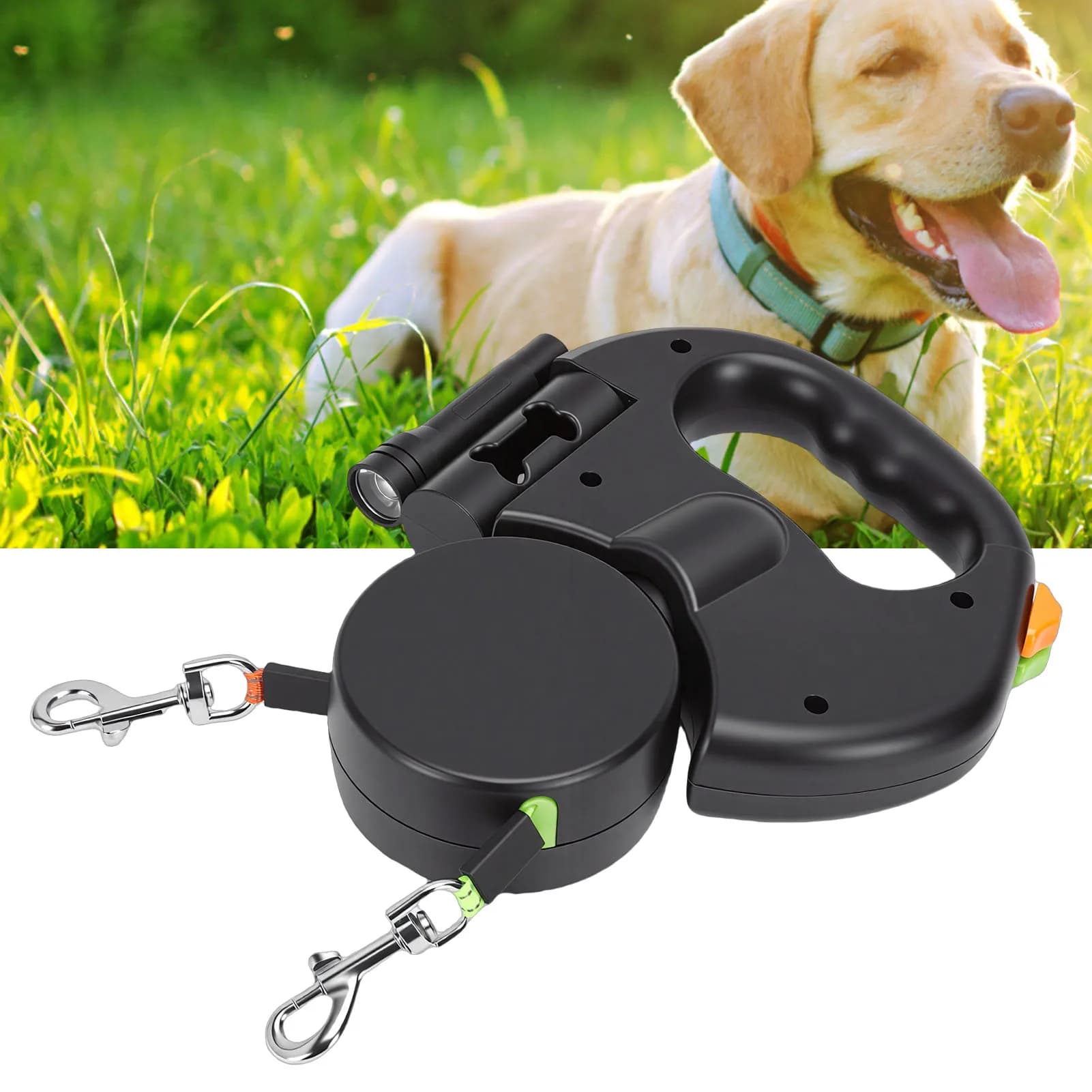 Guinzaglio Doppio Estensibile per Animali Domestici, Guinzaglio Retrattile Doppio per Cani con Luce Notturna Intelligente, Guinzaglio Doppio Estensibile per Passeggiate