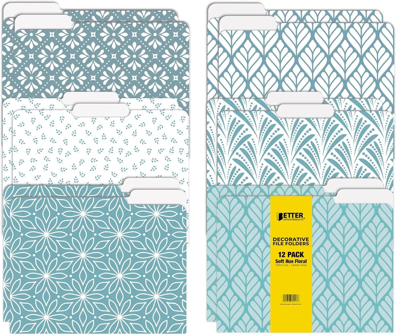 12 Pack Decorative File Folders, Letter Size, 6 Floral Designs, Heavyweight 300gsm, 1/3 Cut Tabs