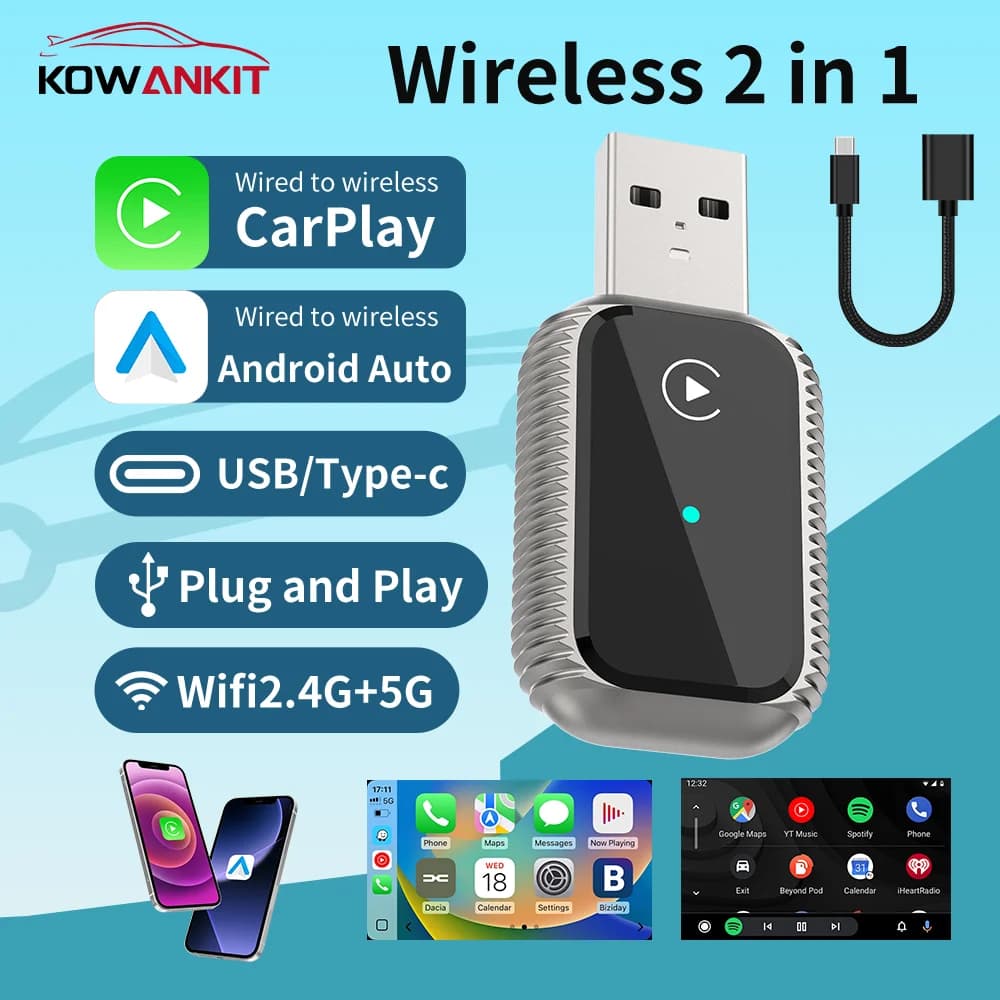 KowanKit 2026 Dongle Wireless Carplay e Android Auto 2 in 1, Adattatore Plug & Play USB Smart Mini Box per Auto con Bluetooth