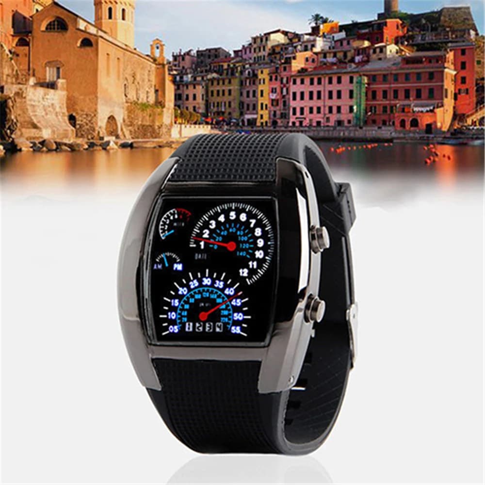 Men's Fashion Barn Shaped Watch Sport LED Dashboard Pattern Digital Wrist Watch Digital LED Watch Sport Gifts Men
