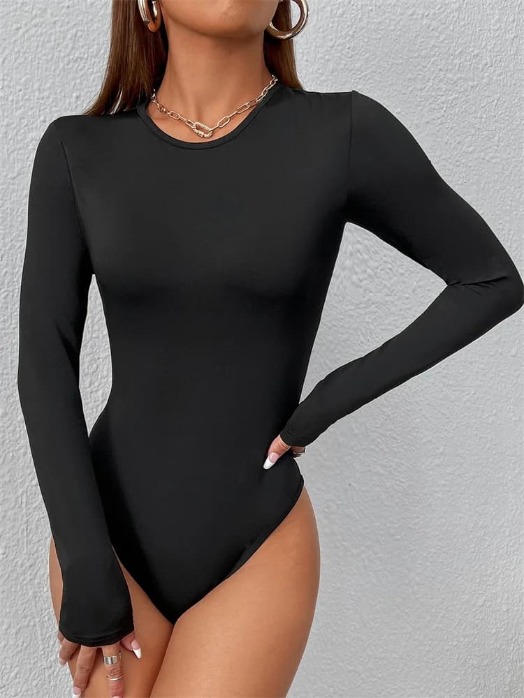 Women Basic Long Sleeve Round Neck Blouse Bodysuit Autumn Winter Casual Solid Color Slim Fit Bodycon Jumpsuit Streetwear New
