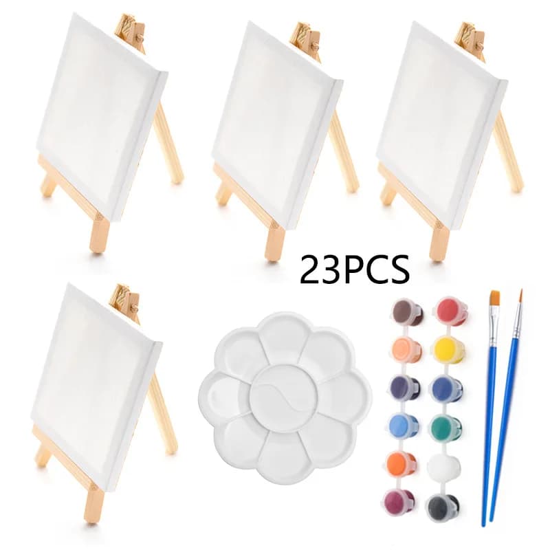 23Pcs Mini Easel Drawing Board Set Wooden Tripod Acrylic Oil Paint Kit for Kids Beginner Artists Art Painting Supplies