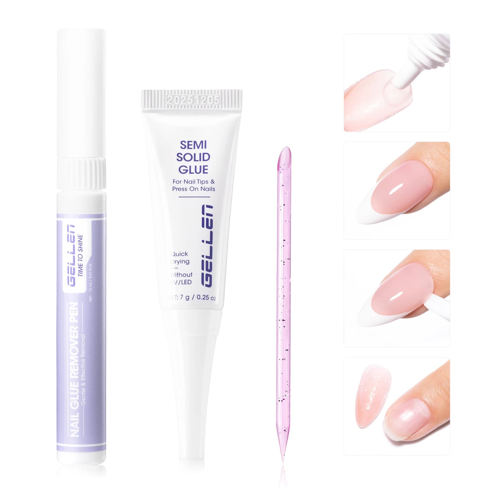 Set GELLEN di Colla Semi-Solida per Unghie e Solvente, per Unghie Finte a Pressione, Asciugatura Rapida Senza Lampada, Formula Sicura e Delicata Senza Acetone