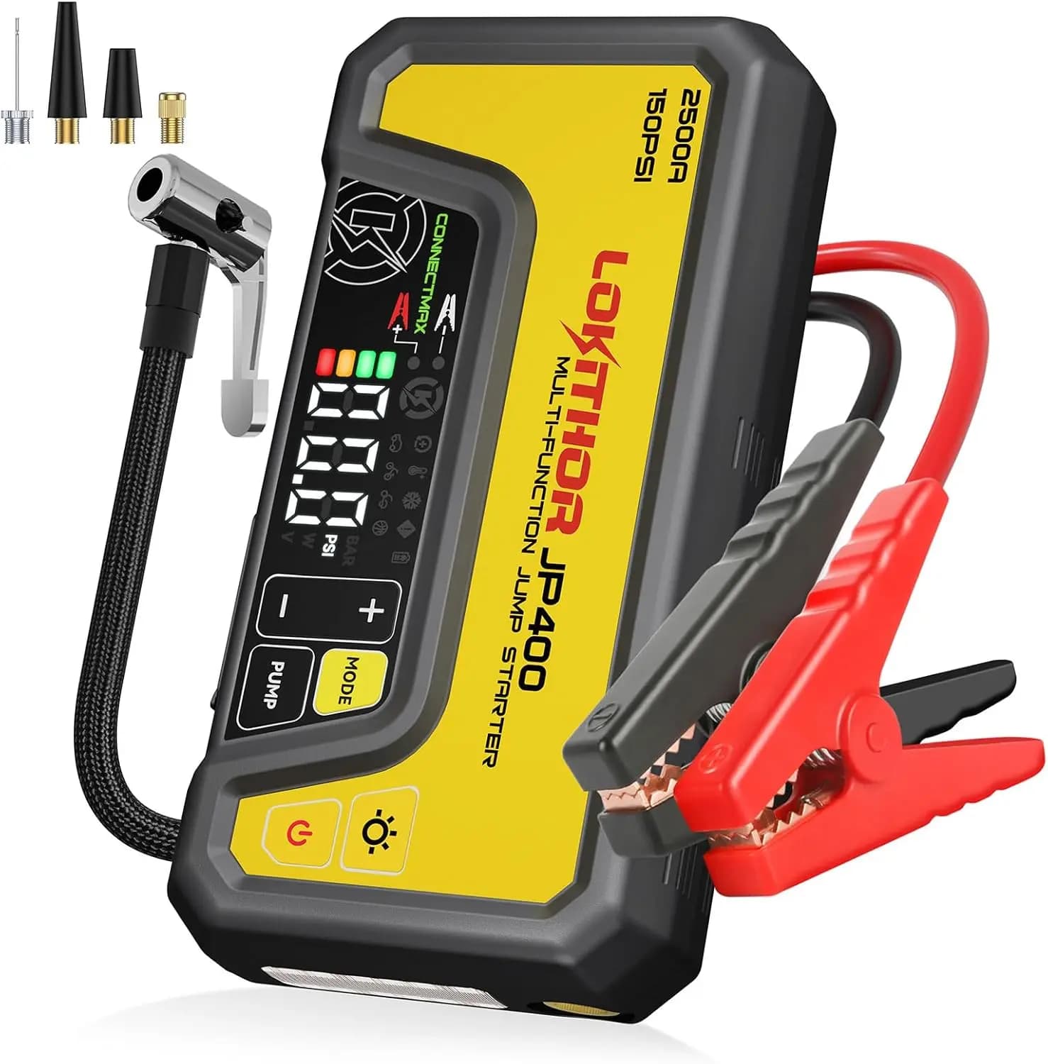 Avviatore di Emergenza 2500A con Compressore d'Aria, Gonfiatore Pneumatici 150PSI, Booster Batteria Auto Portatile 12V per Motori Benzina 8.5L/Diesel 6.5L, Spegnimento Automatico, Luce LED