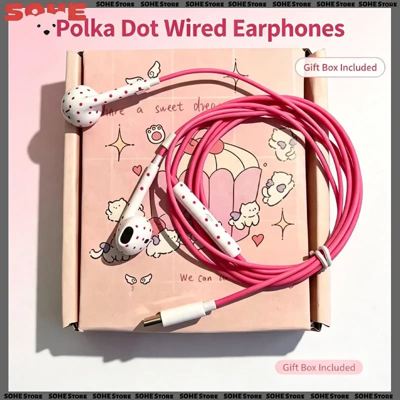 Cute Ins Polka Dot Wired Earphones Half In Ear Headphones Type-C Lightning Stereo Earbud With Mic For iPhone Android Music Game