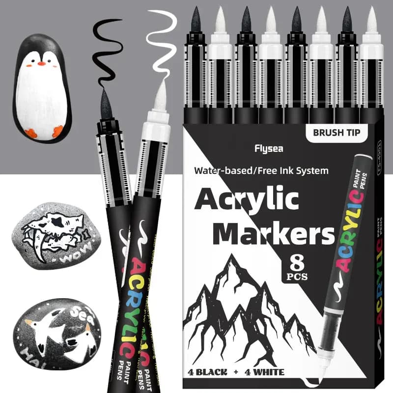 Set of 8 black and white acrylic paint pens, large ink capacity, acrylic markers for explanatory sketches, wood, glass, Fab