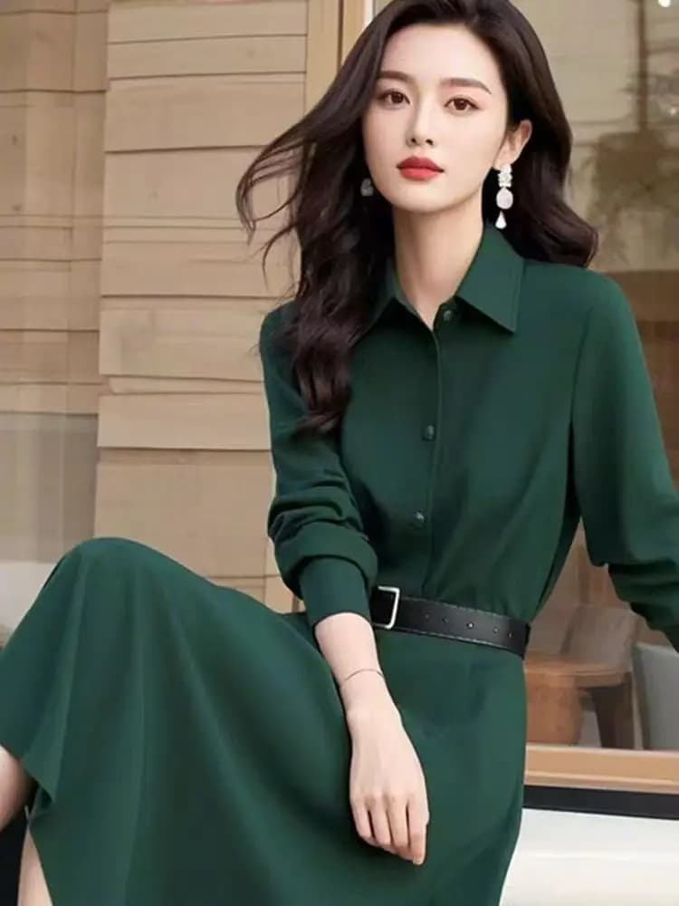 Nuovo abito autunnale di lusso leggero da donna moda di fascia alta bavero manica lunga vita sottile elegante verde abiti da donna da ufficio abiti