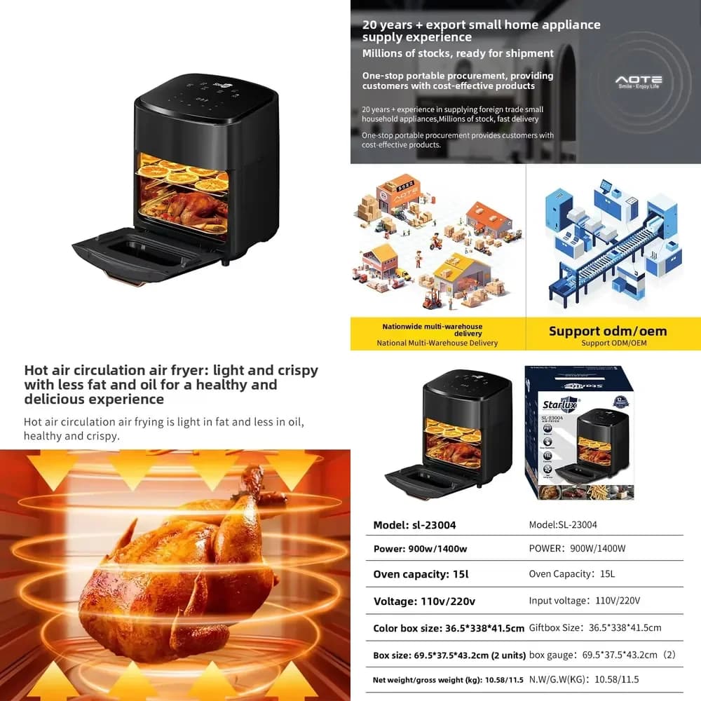 Friggitrice ad Aria Starlux Cross-Border SL-23004-1400W, Grande Capacità, Intelligente, Multifunzione, Elettrica per Uso Domestico