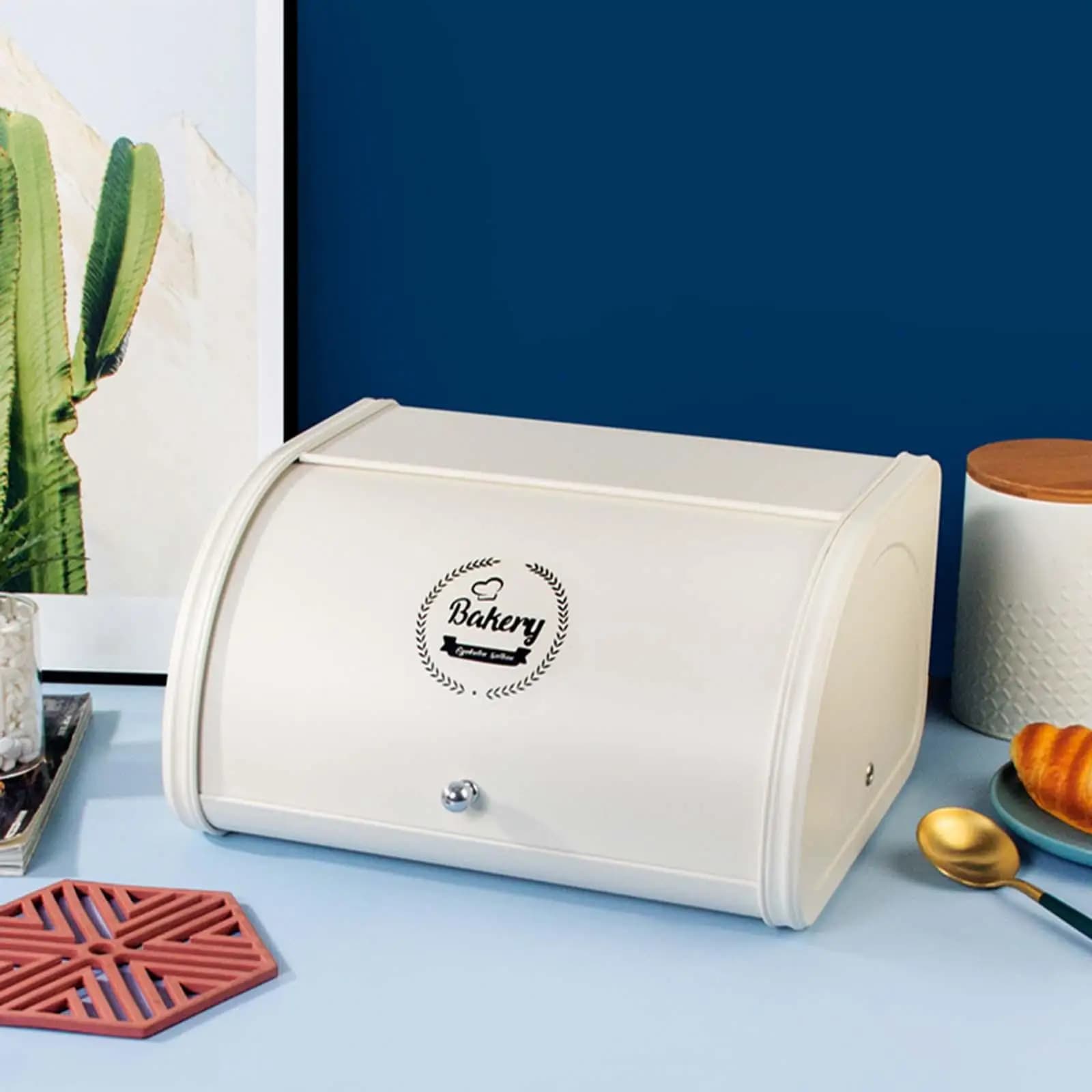 Metal Bread Box Bin with Roll Lid Organization Multi Purpose Storage Container for Countertop Baked Goods Bakery Home Pantry