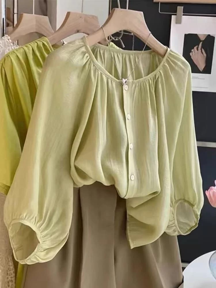 Camicia Chic Leggera a Maniche Tre Quarti, Comoda, con Design a Maniche a Lanterna che Nasconde le Imperfezioni, in Misto Cotone e Lino, Top Casual
