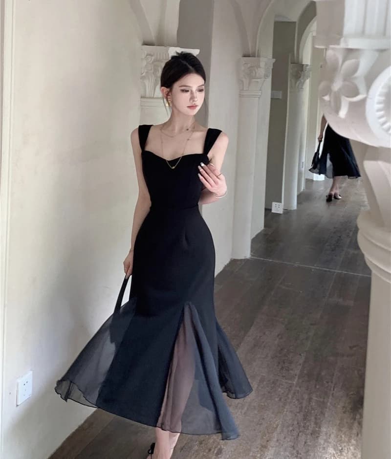 Abito lungo da donna Hebe Style, nero, elegante, sexy, con spalline, a coda di pesce, snellente, per compleanno e primavera