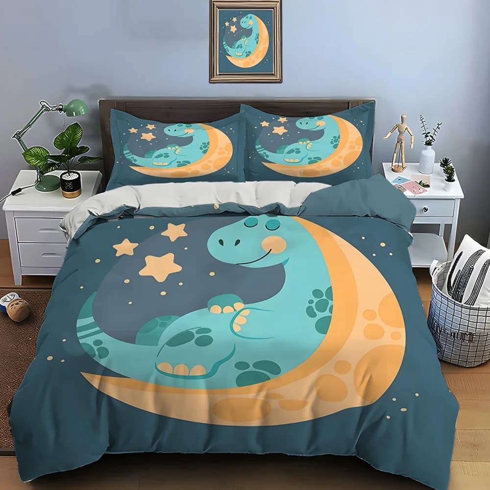 I dinosauri dei cartoni animati stanno dormendo profondamente sulla luna. Set copripiumino con motivo stampato digitalmente, biancheria da letto in poliestere con chiusura a cerniera.