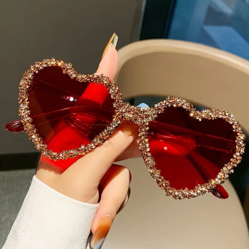 Love peach heart rimless glasses inlaid diamonds party personality funny high-end candy-colored glasses
