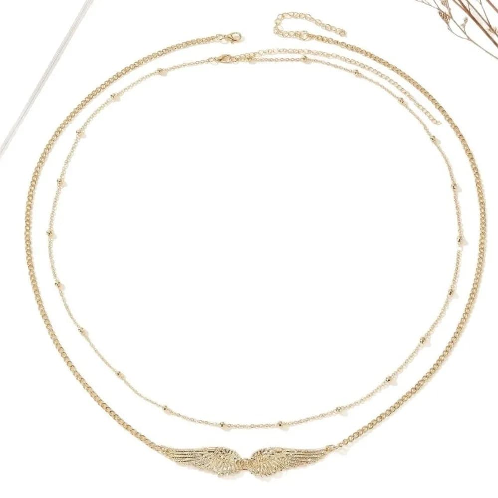 Catena per il corpo a doppio strato con ali, elegante e di tendenza, con perline e ciondoli, catena in vita in metallo argentato, cintura bikini estiva