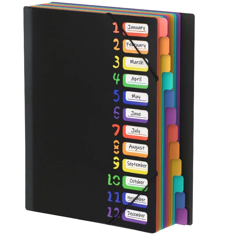Cartella portadocumenti multistrato A4 con 12 etichette colorate e pagine interne arcobaleno per archiviazione documenti