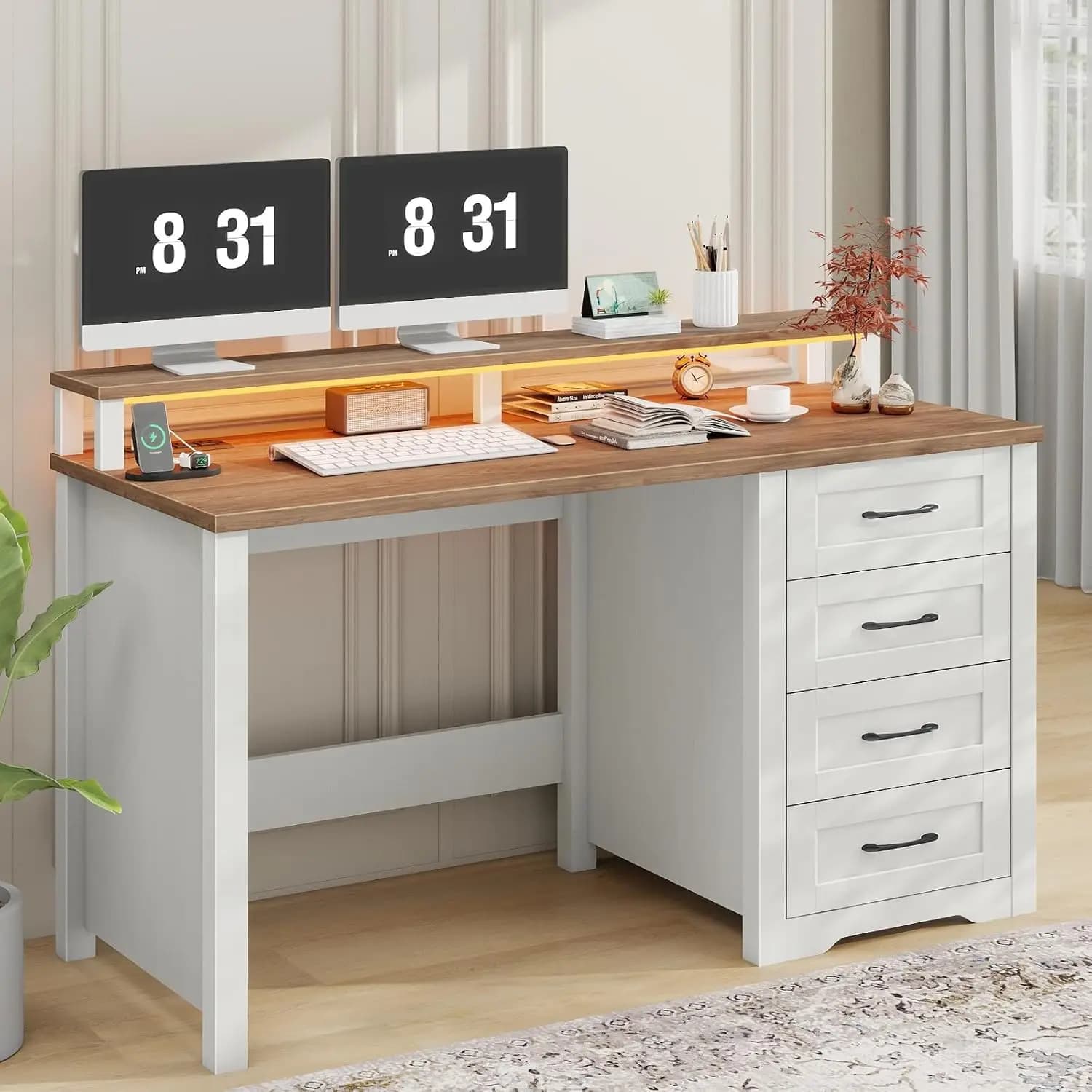 47" Farmhouse Executive Desk with Monitor Stand and LED Lights,4 Drawers Computer Desk with Power Outlets, Customized