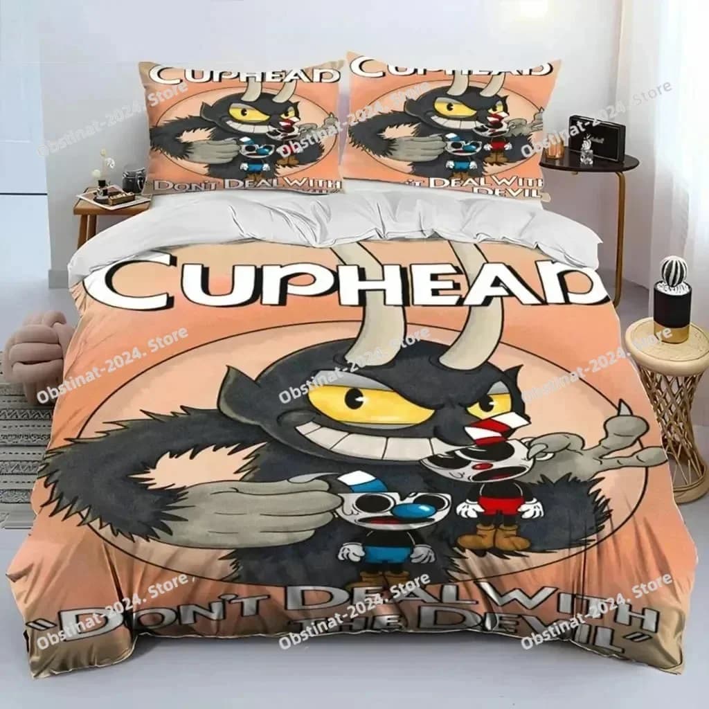 Cartoon Cuphead e Mugman Set biancheria da letto Stampato singolo Piumino Trapunta Copripiumino Federa 3 pezzi Bambini Taglia adulto