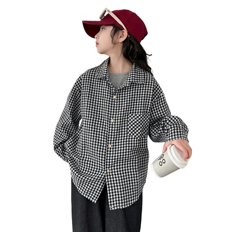 Camicie a maniche lunghe per bambini da 5 a 14 anni Camicia a quadri bianca nera vintage per ragazza autunnale Camicetta casual con colletto rovesciato Top per bambini