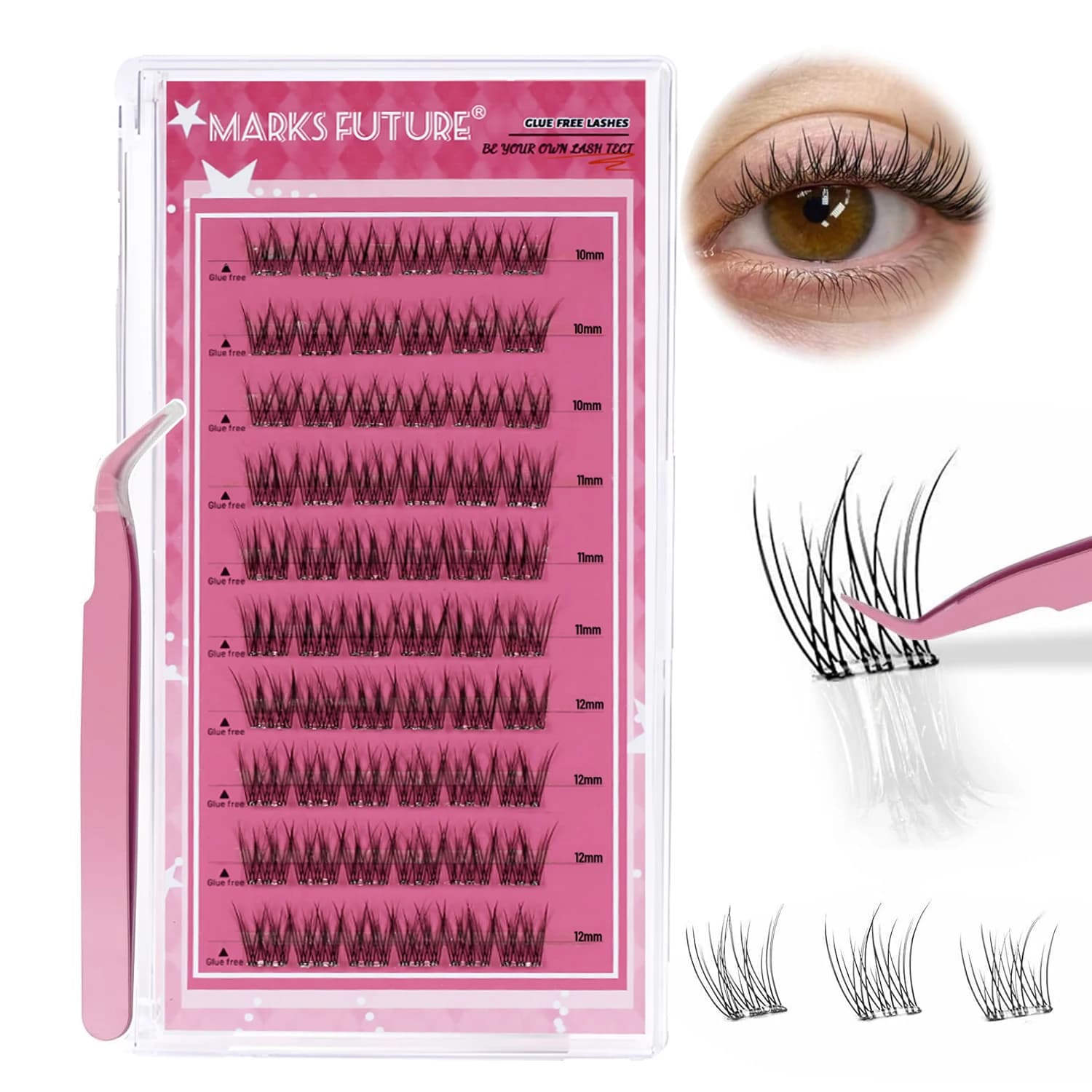 Self-adhesive fake eyelashes, pressure eyelashes, thin eyelash extensions, 60-piece natural beaded eyelash extension kit (10-12 mm, C curling) suitable for beginners, self-adhesive fake eyelashes with natural appearance