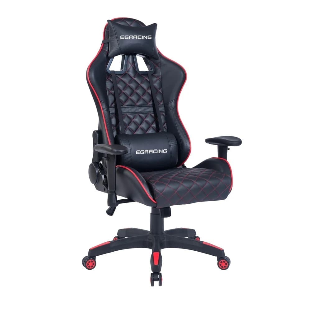 Sedia da Gaming in Pelle Nera con Logo Personalizzato, Cuscino Lombare e Braccioli Regolabili 1D, Sedia da Gamer in Tessuto Nero e Rosso
