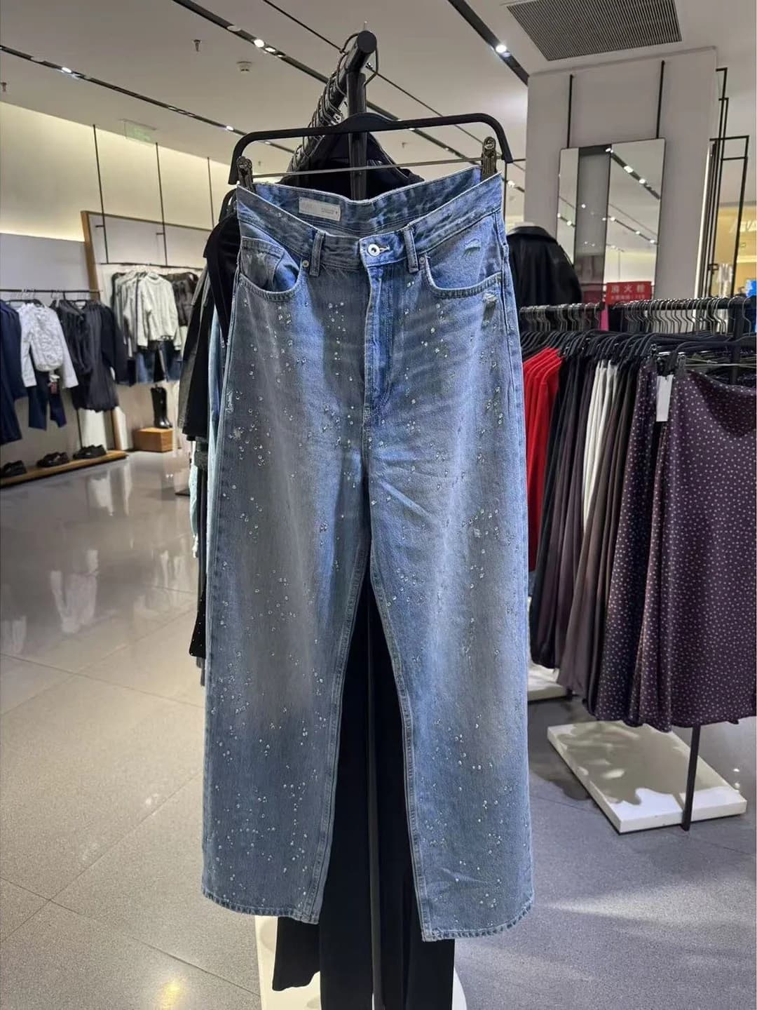High Waist Straight Leg Jeans Women's Spring Autumn Loose Fit Rhinestone Casual Versatile High Waist Denim Pants for Ladies