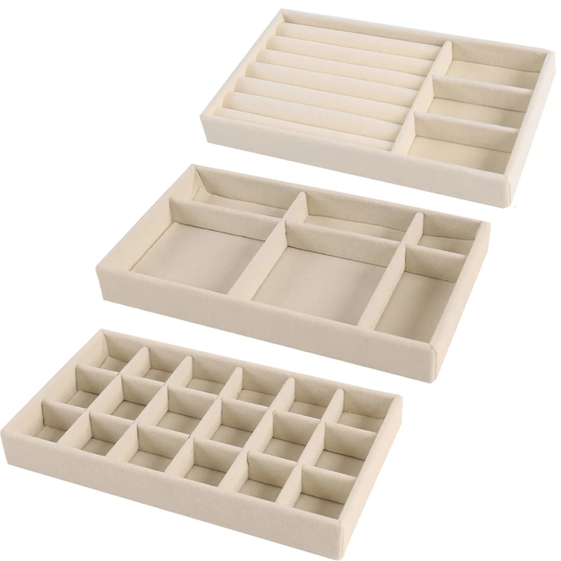 3 pcs Beige Jewelry Organizer Velvet Jewelry Storage Tray Display Ring Bracelet Necklace Storage Box Showcase Drawer