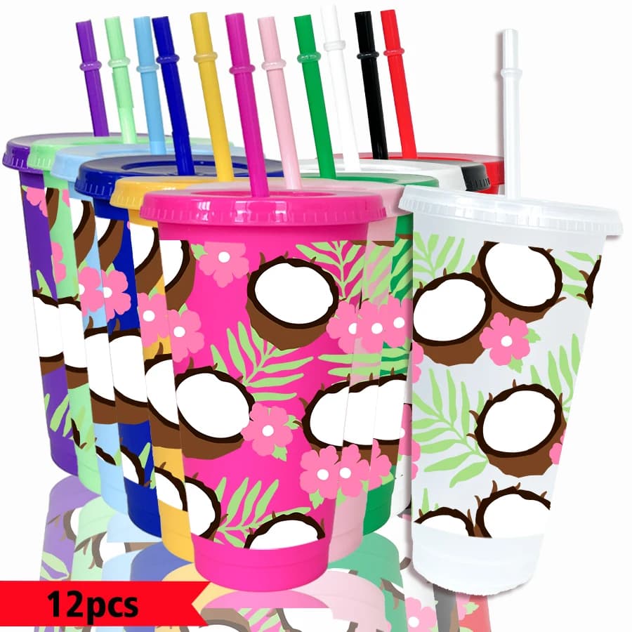 Confezione da 12 Bicchieri in Plastica Colorata da 26oz con Motivi di Fiori e Foglie di Cocco per Feste, Regali di Ritorno a Scuola e Compleanni