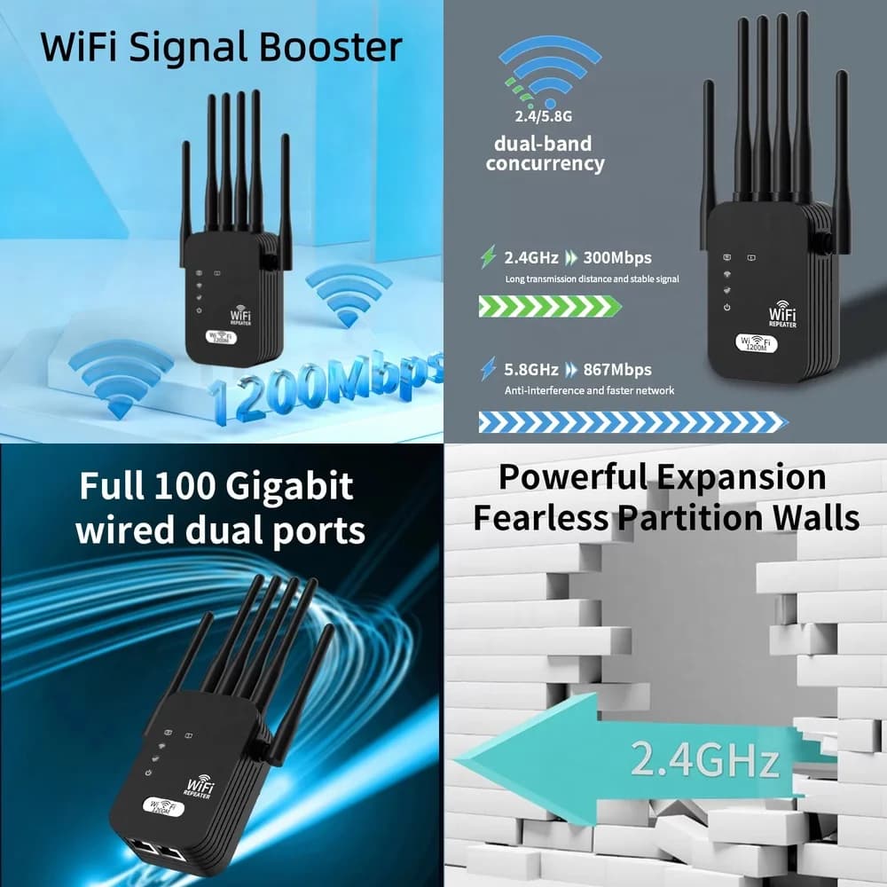 Amplificatore di Segnale WiFi 1200Mbps, Ripetitore Wireless 4G GSM per Casa e Ufficio, Dual Band 2.4GHz 5GHz per Router