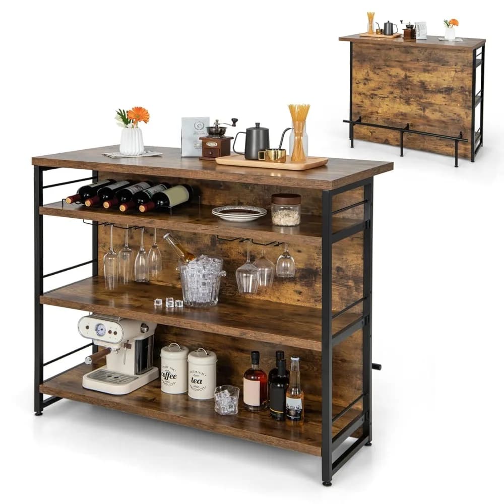 Mobile Bar per Casa, Tavolo Bar a 4 Ripiani con Poggiapiedi, Portabottiglie, Portabicchieri, Stile Industriale ad Angolo, Personalizzabile