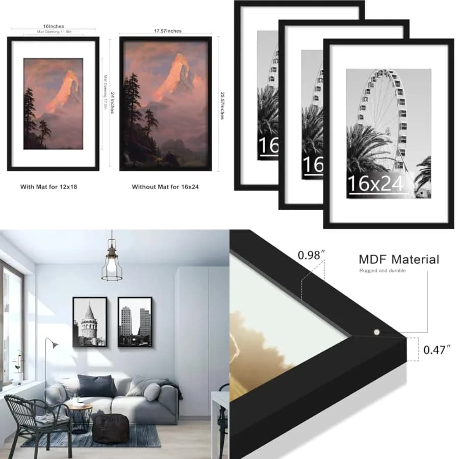 Set di 3 cornici, per foto 12x18 con passepartout o 16x24 senza passepartout, cornici per poster da appendere verticalmente o orizzontalmente a parete.