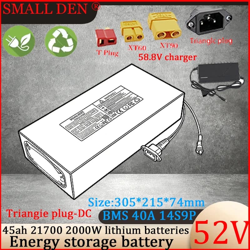 Batteria al Litio 52V 45Ah 21700 14S9P per Accumulo Energia Solare con BMS 40A per Barche, Campeggio + Caricabatterie 58.8V
